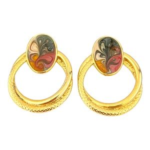 Vintage Designer Earrings Gold Tone Handpainted Shimmer Enamel 1980s Retro 3H